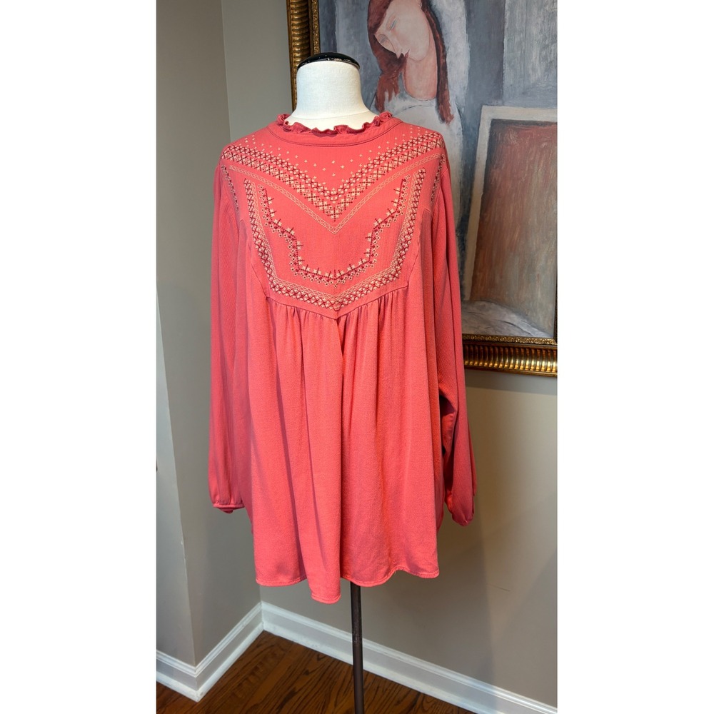 Torrid Coral Pink Embroidered Ruffle Mock Neck Long Sleeve Blouse Plus Size 3 3X